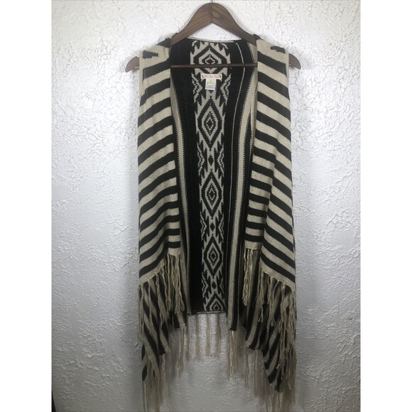 Its Our Time Open Front Vests Womens Size M Black Striped Shingles Western BOHO - Picture 2 of 7